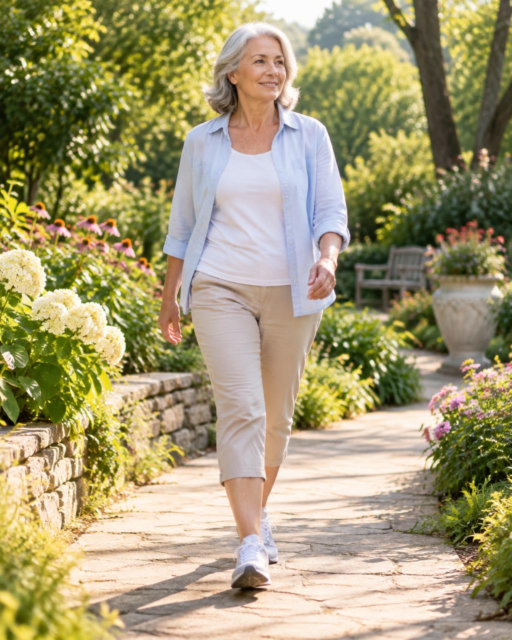 Woman in her sixties walking confidently along a sunny garden path