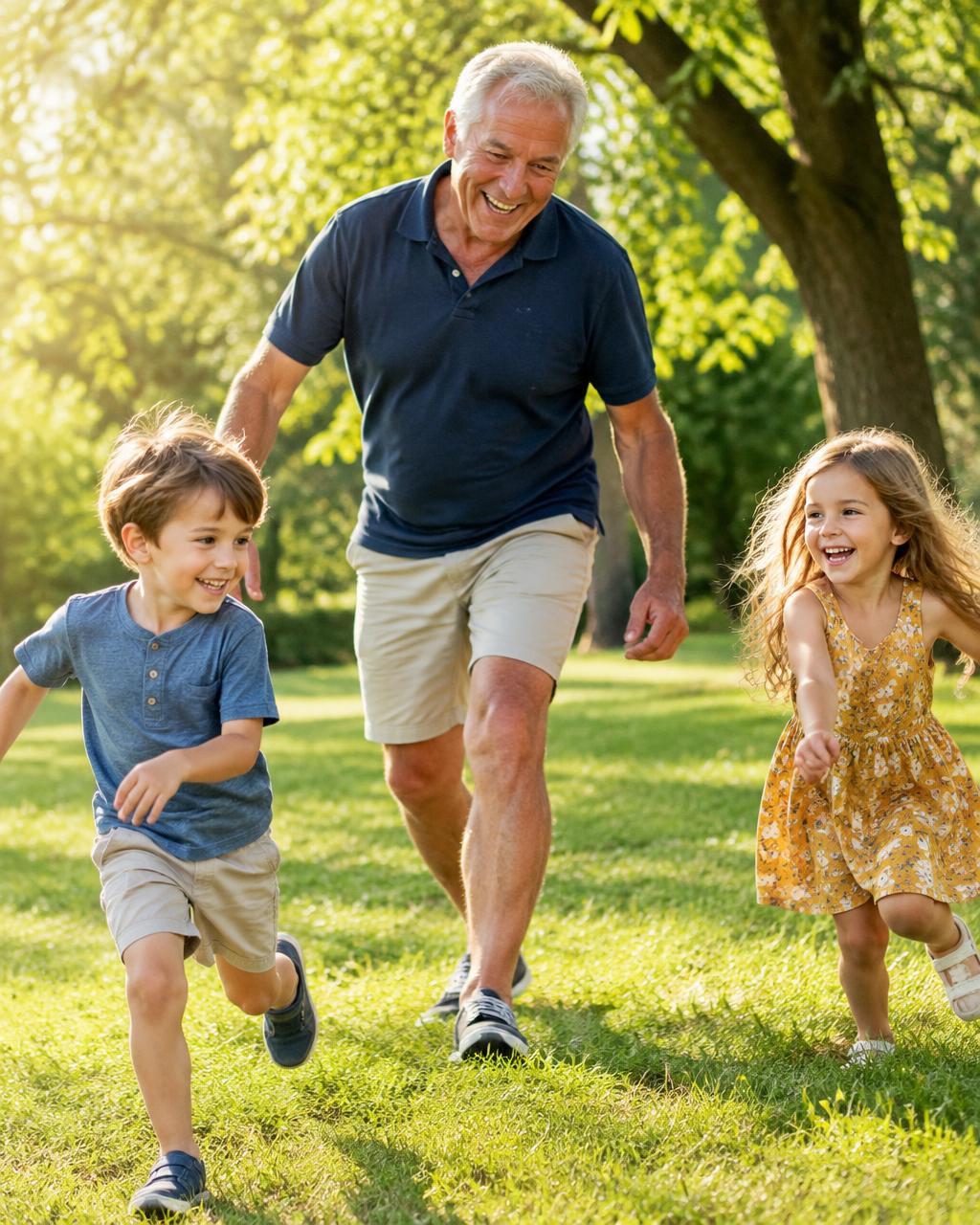 Energetic man in his sixties laughing and running through a sunny park with his grandchildren