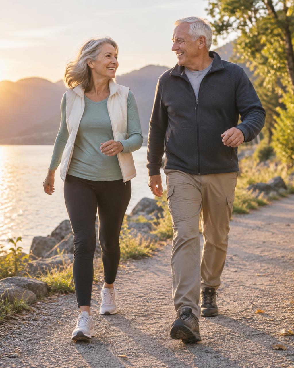 Active couple in their sixties walking energetically beside a lake