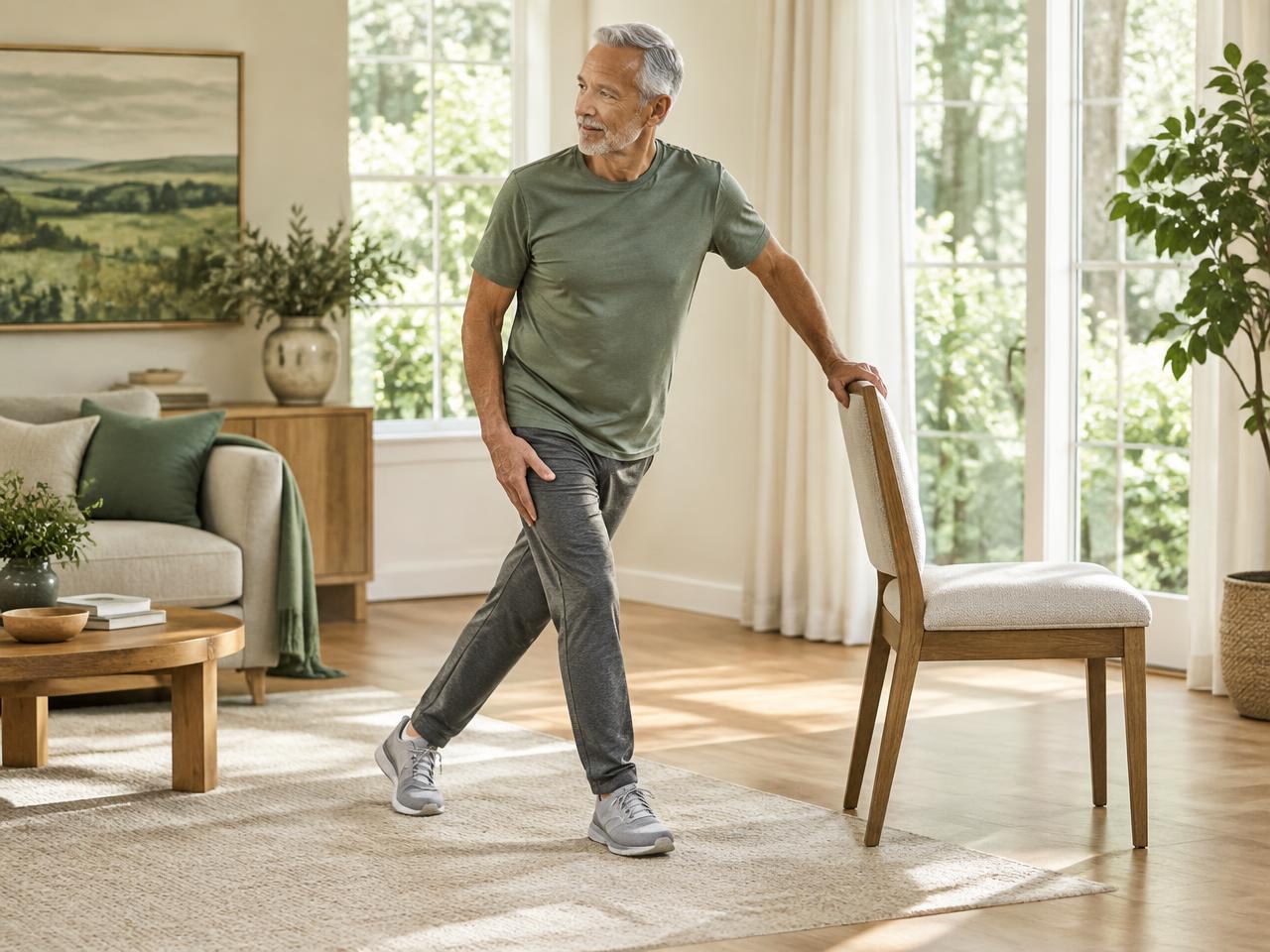 Man over 60 doing a supported lower-body mobility exercise beside a chair