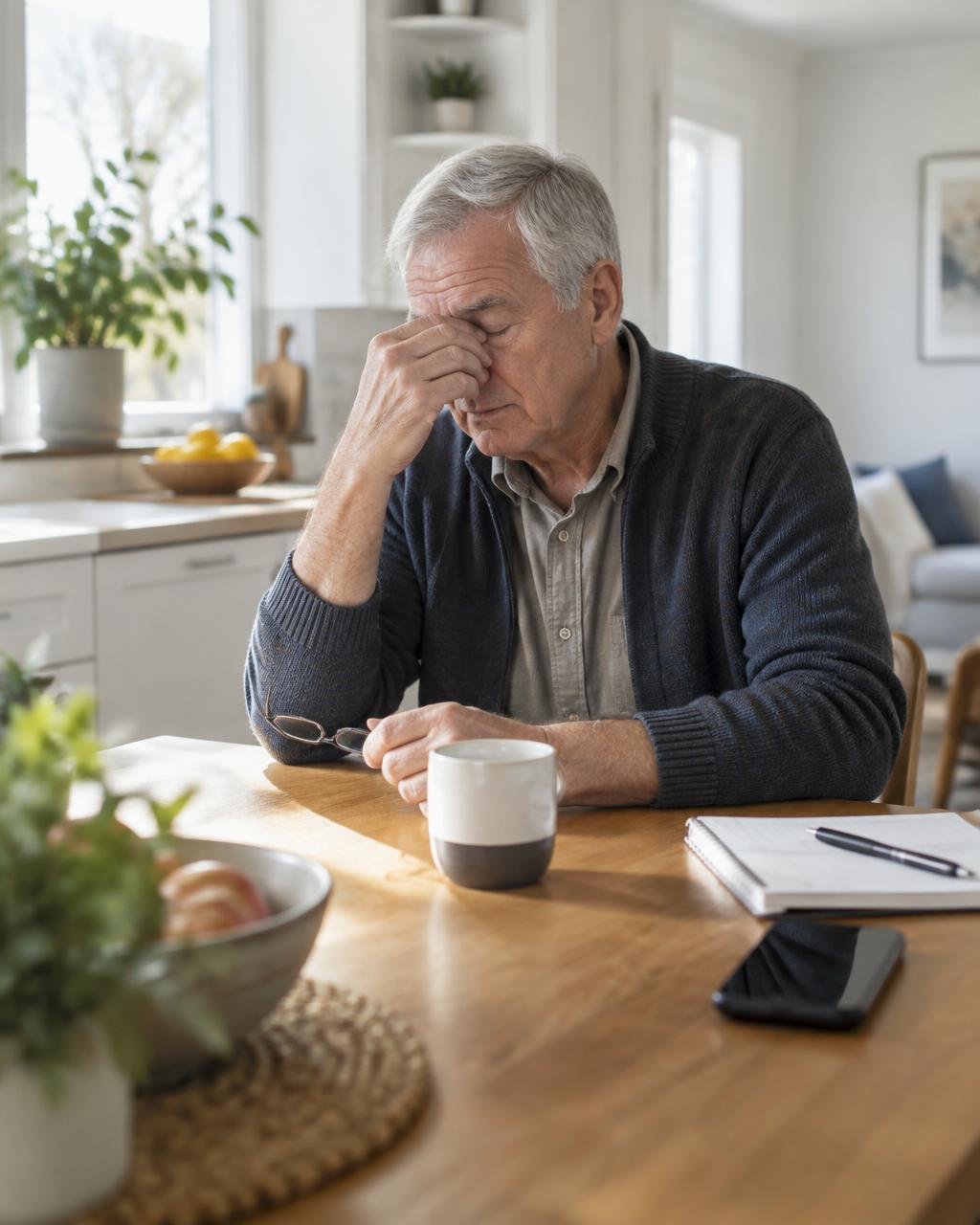 Man in his sixties sitting tired at a kitchen table in the afternoon