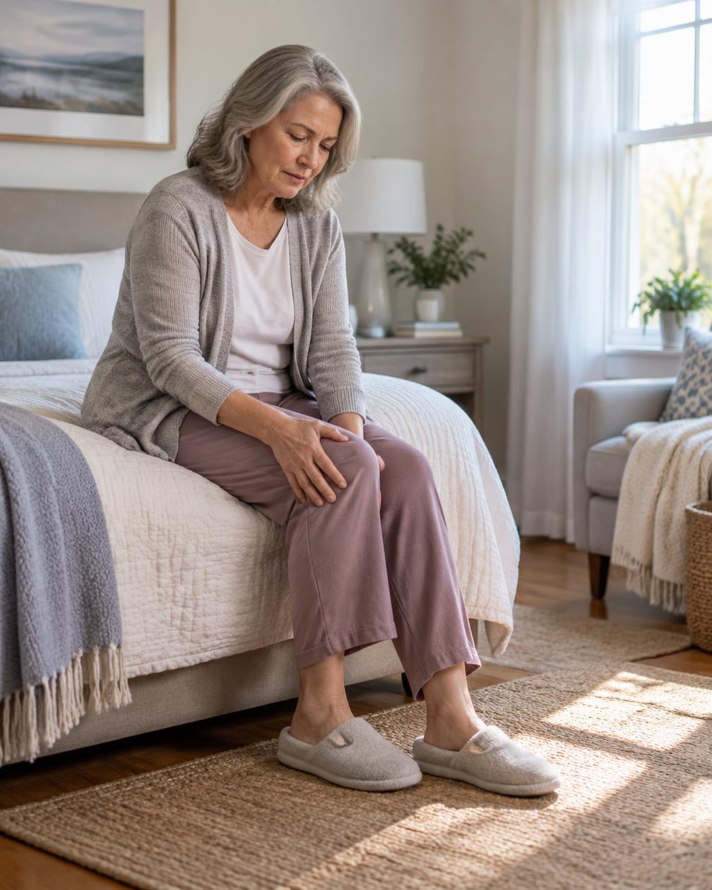 Woman in her sixties sitting on the edge of her bed and holding a stiff knee