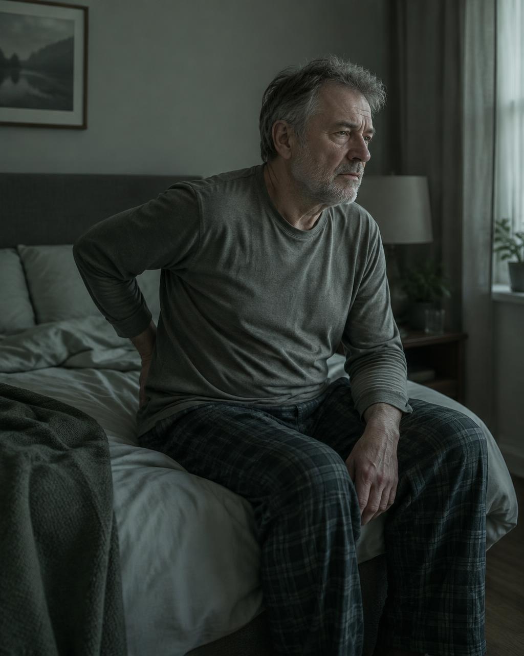 Man in his sixties sitting on the edge of his bed holding his stiff lower back in the early morning