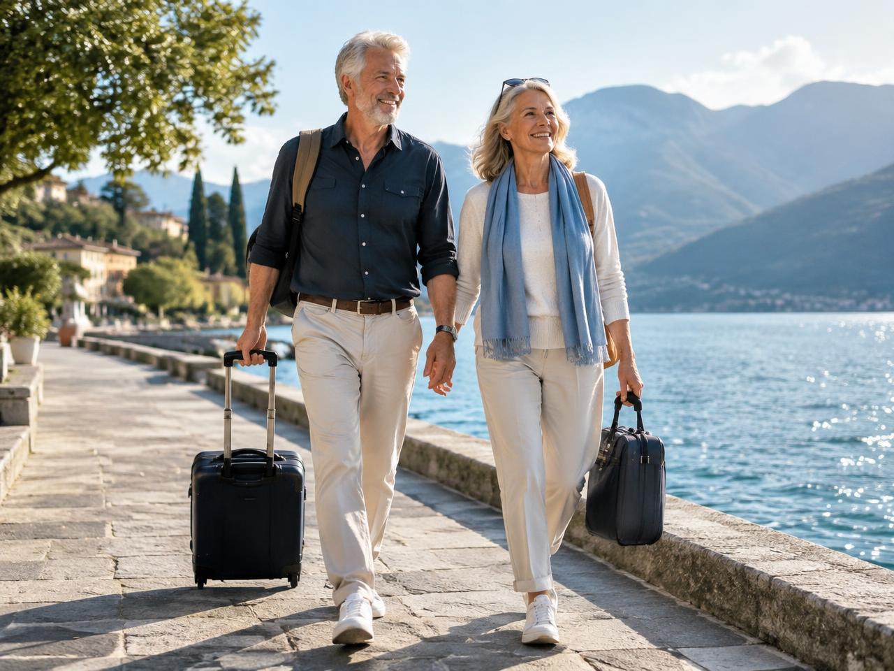 Active couple over 60 walking comfortably with travel bags beside a lake