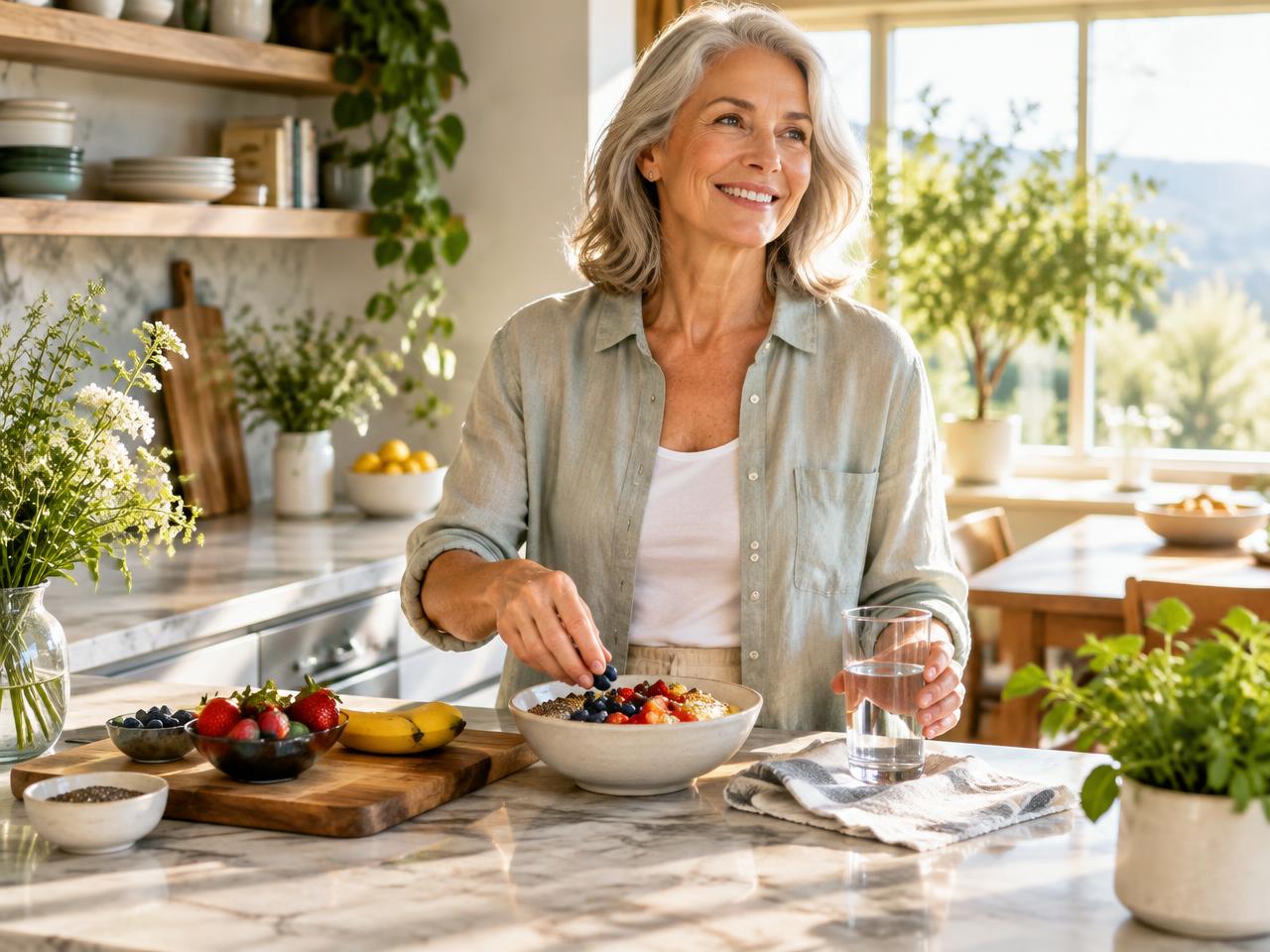 Woman over 60 enjoying a fresh breakfast and water in a bright kitchen
