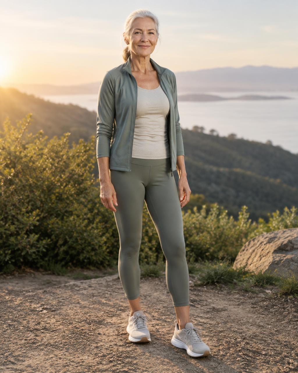 Active woman over 60 standing outdoors with upright natural posture