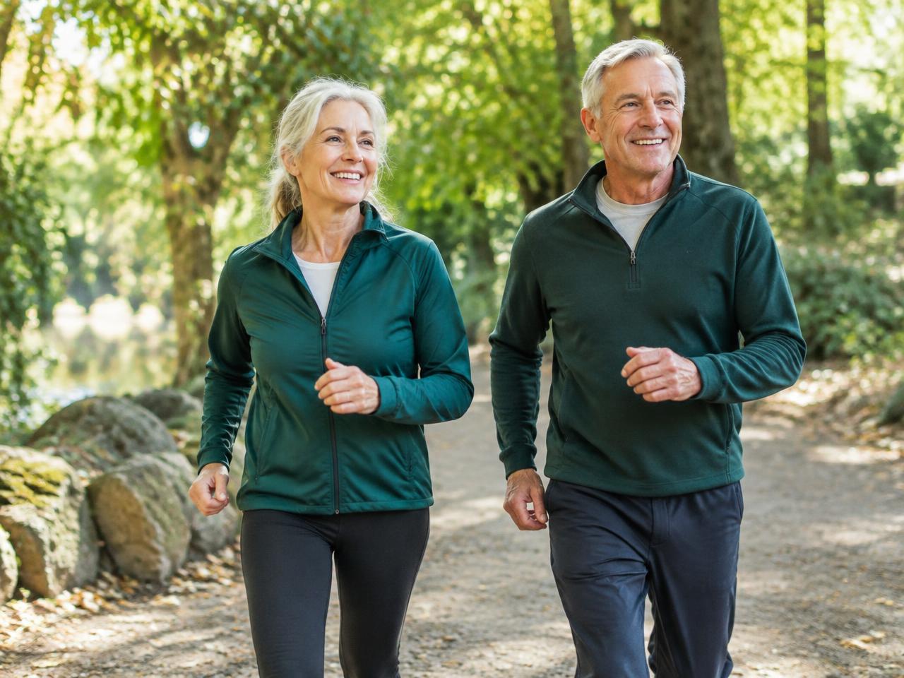 Active couple in their sixties walking energetically through a park